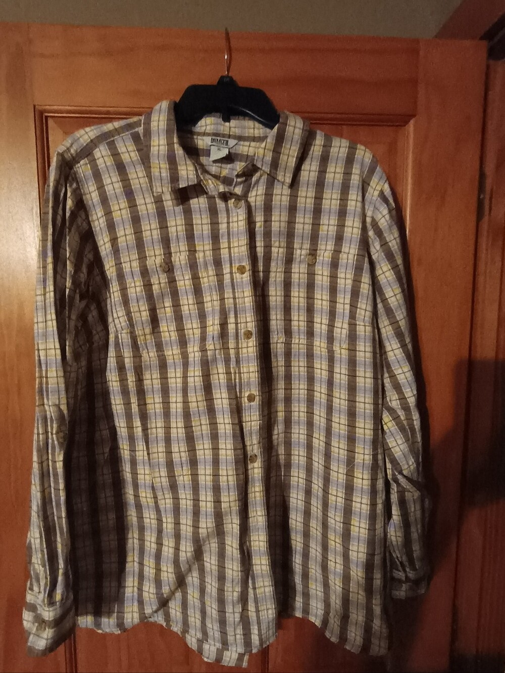 Duluth Women's Brown and Yellow Plaid Button-Down Shirt